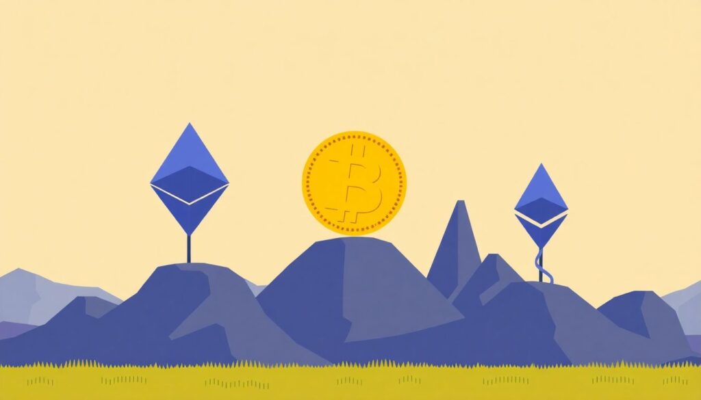 Сравнение криптовалют: Bitcoin vs. Ethereum. - иллюстрация