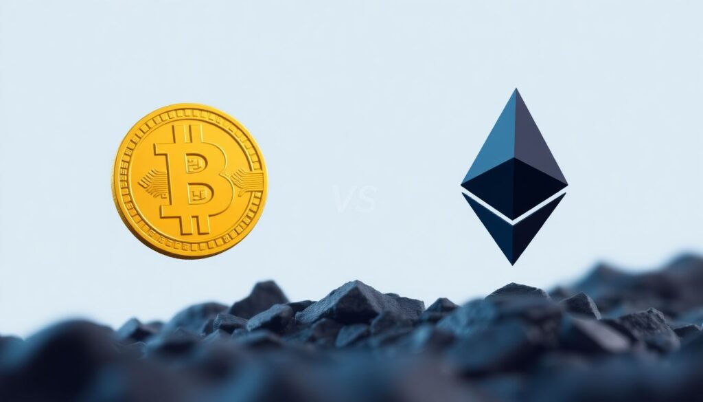 Сравнение криптовалют: Bitcoin vs. Ethereum. - иллюстрация